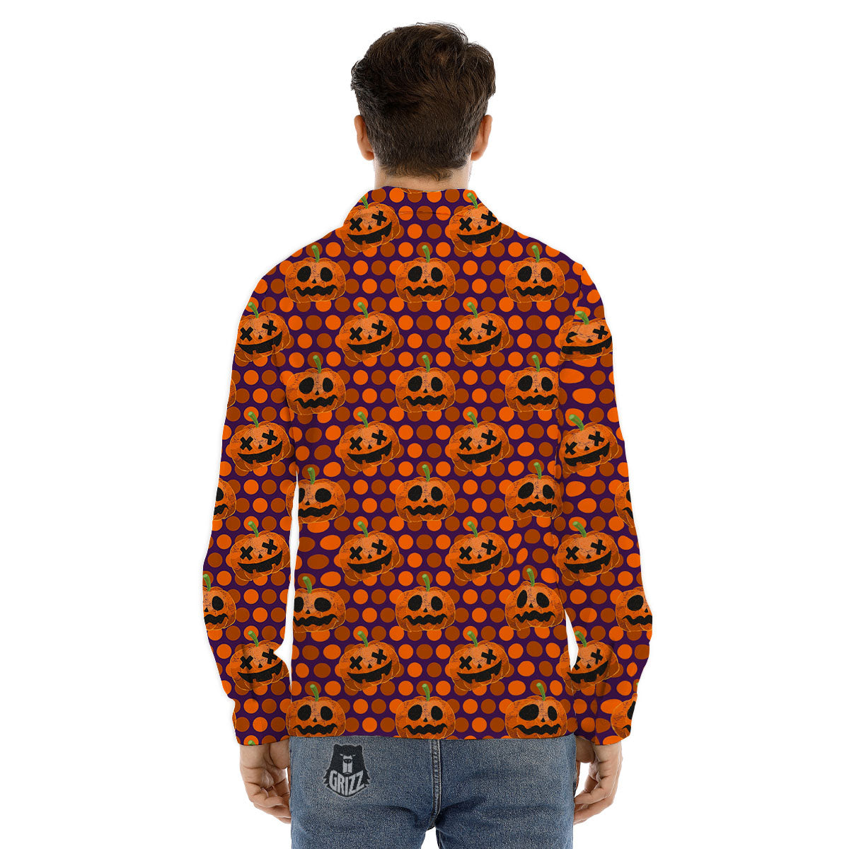 Polka Dot Halloween Pumkin Print Pattern Men's Dress Shirts-grizzshop