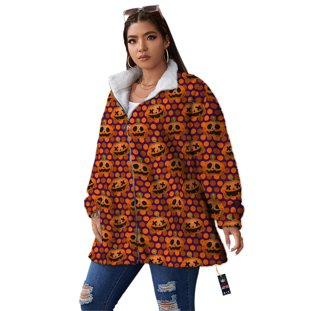 Polka Dot Halloween Pumkin Print Pattern Women's Sherpa Jacket-grizzshop