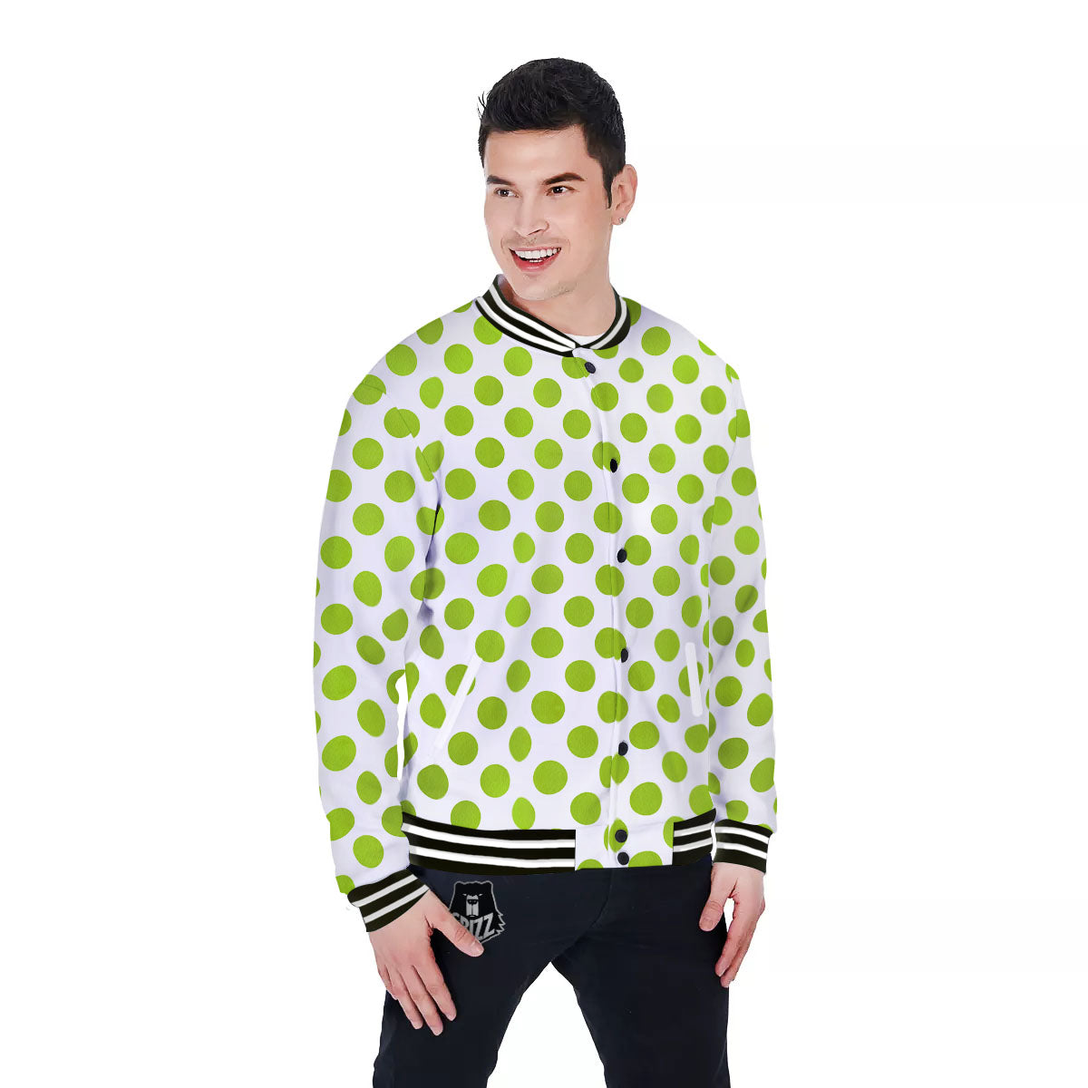 Polka Dot Lime Green And White Print Baseball Jacket-grizzshop