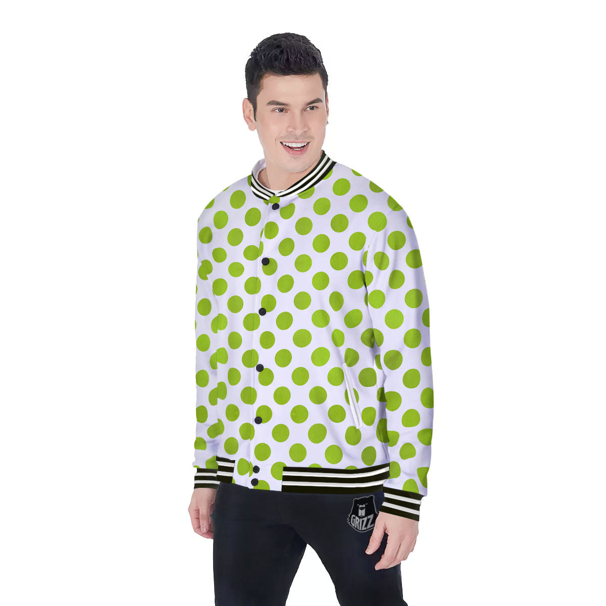 Polka Dot Lime Green And White Print Baseball Jacket-grizzshop