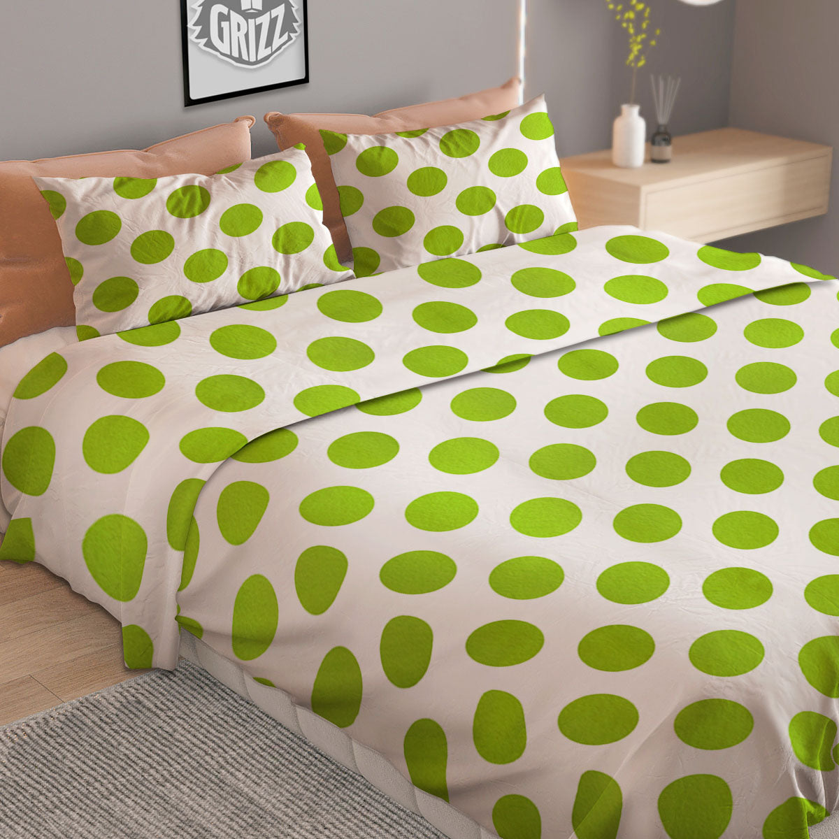 Polka Dot Lime Green And White Print Duvet Cover Bedding Set