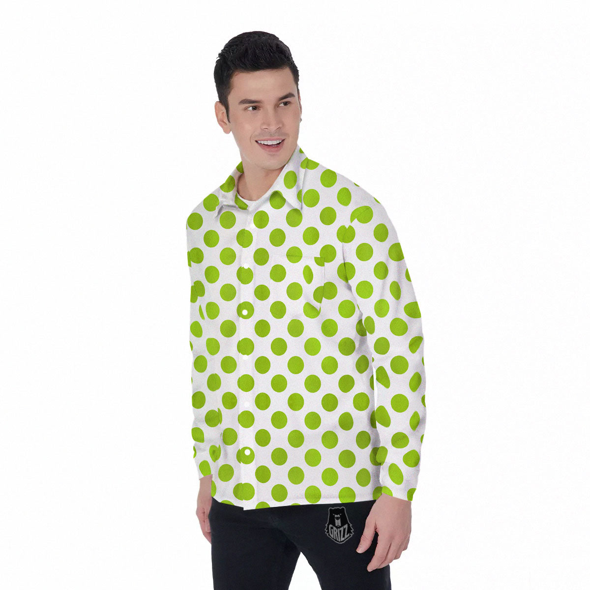 Polka Dot Lime Green And White Print Men's Long Sleeve Shirts-grizzshop