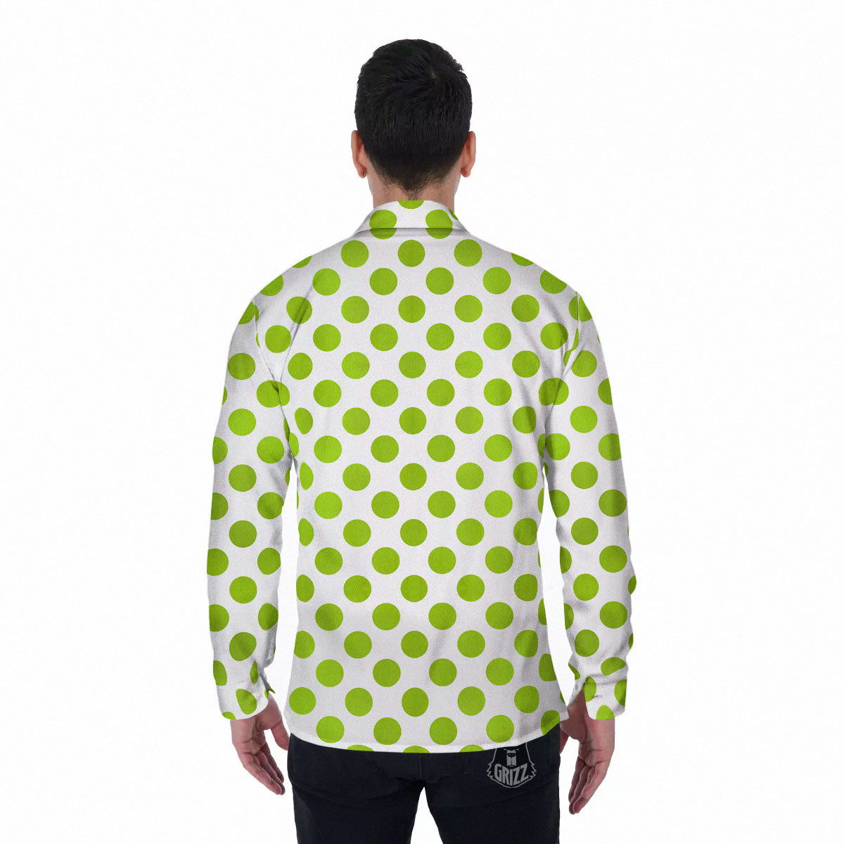 Polka Dot Lime Green And White Print Men's Long Sleeve Shirts-grizzshop