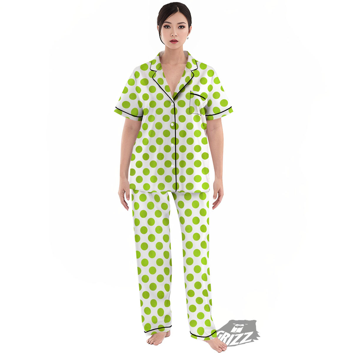 Polka Dot Lime Green And White Print Women's Pajamas Set-grizzshop