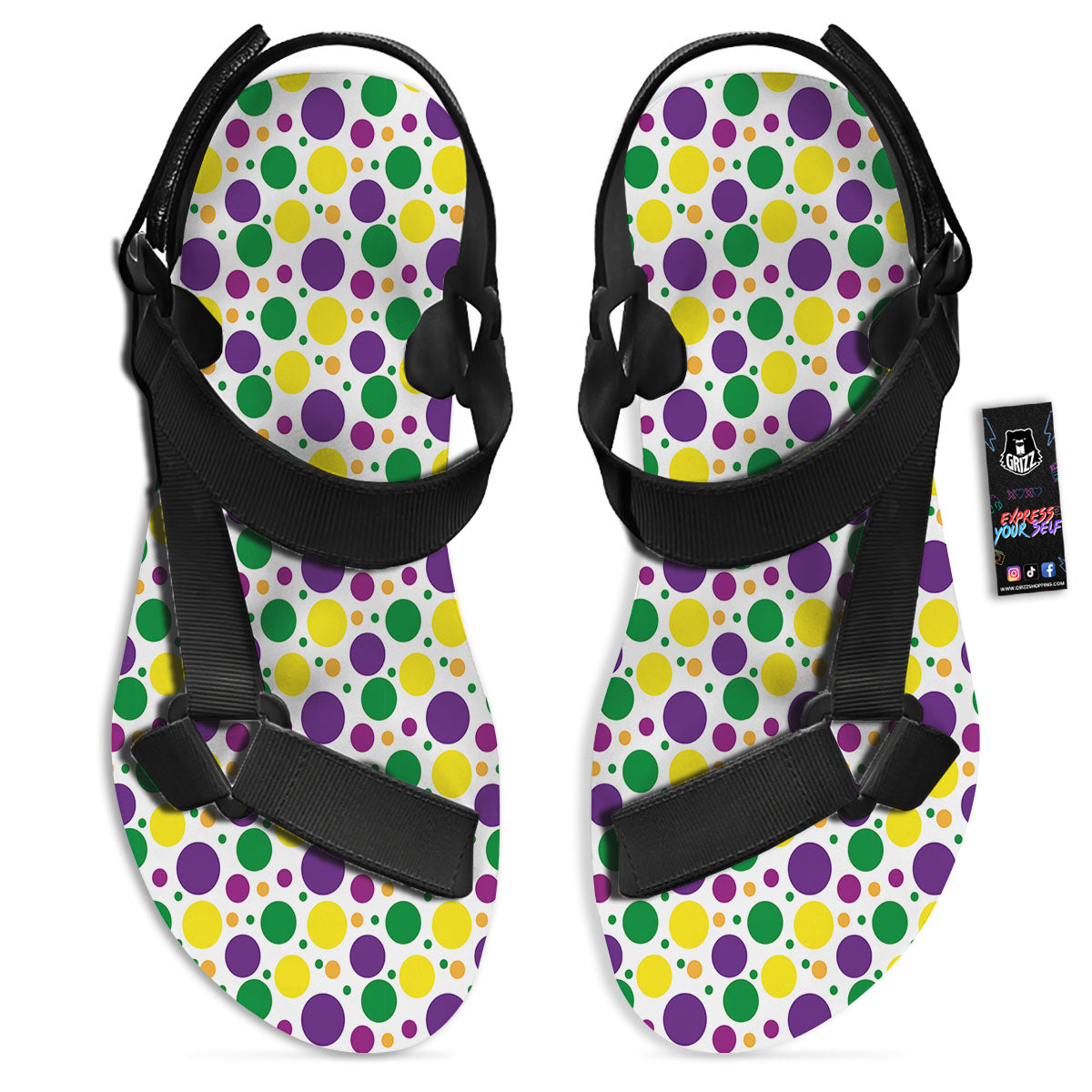 Polka Dot Mardi Gras Print Pattern Black Open Toe Sandals-grizzshop