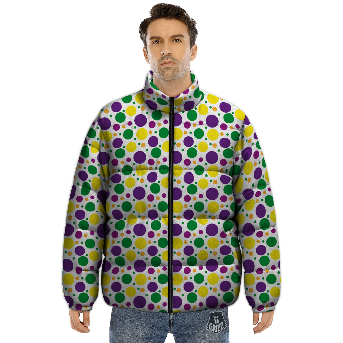 Polka Dot Mardi Gras Print Pattern Puffer Jacket-grizzshop