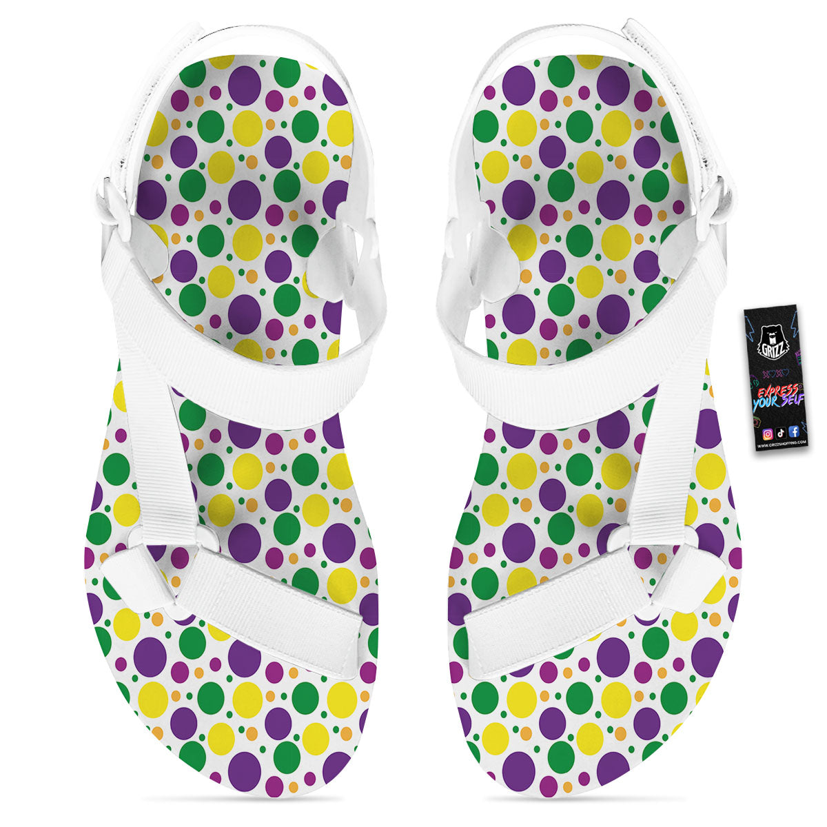 Polka Dot Mardi Gras Print Pattern White Open Toe Sandals-grizzshop
