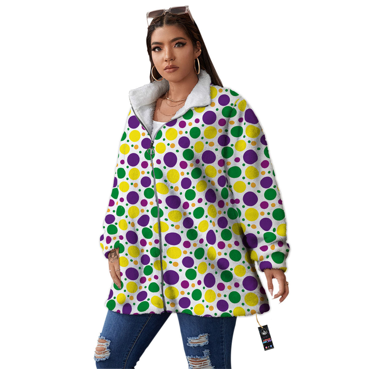 Polka Dot Mardi Gras Print Pattern Women's Sherpa Jacket-grizzshop