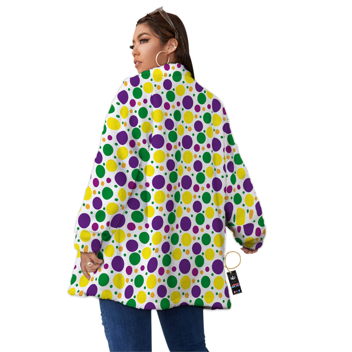 Polka Dot Mardi Gras Print Pattern Women's Sherpa Jacket-grizzshop