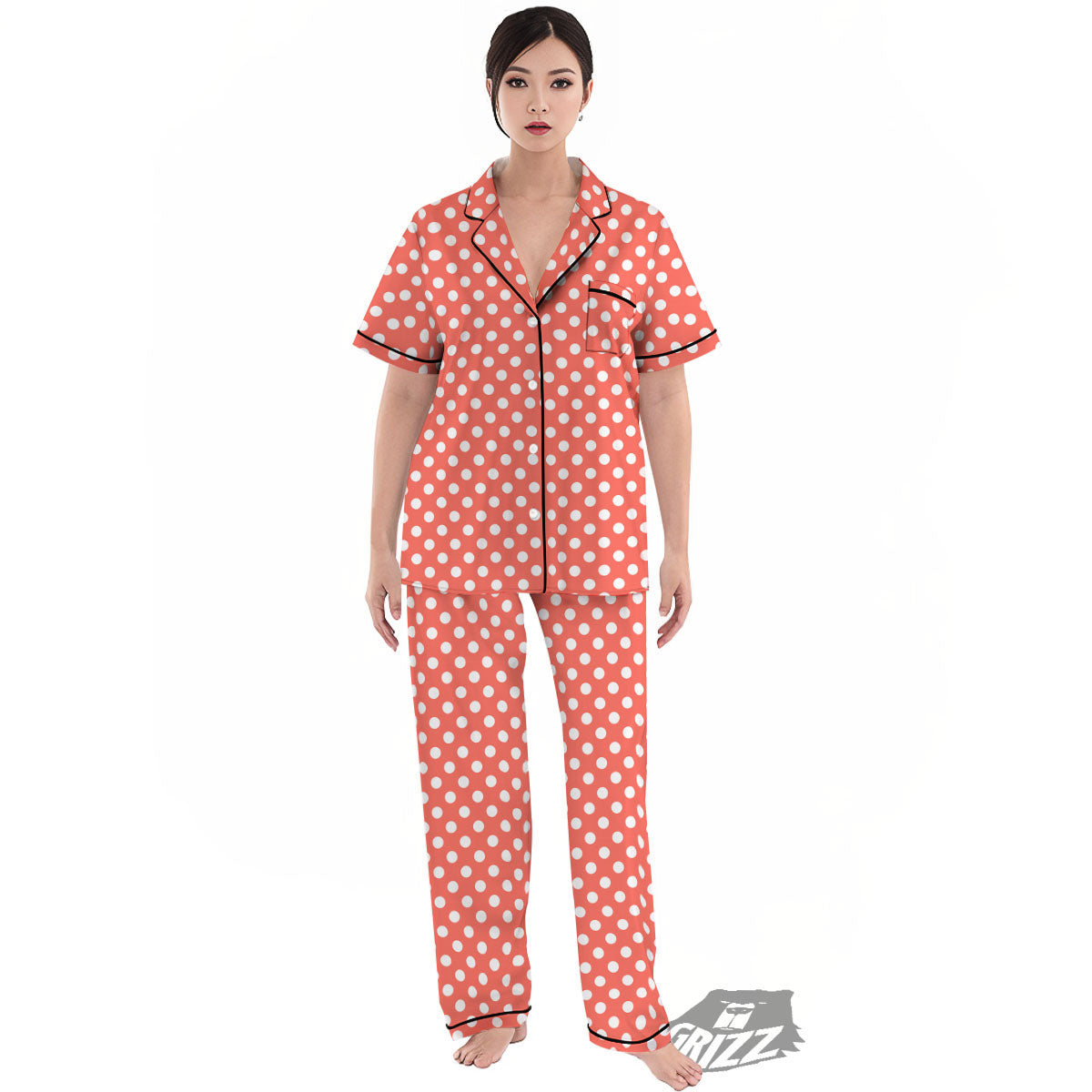 Polka Dot Pastel Red And White Print Women's Pajamas Set-grizzshop