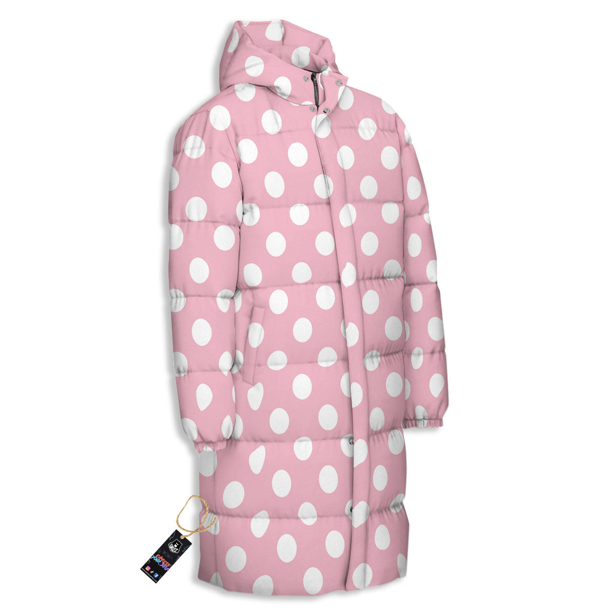 Polka Dot Pink And White Print Long Down Jacket-grizzshop