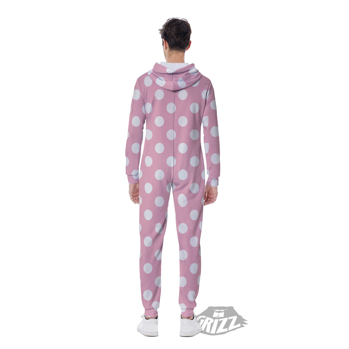 Polka Dot Pink And White Print Men's Jumpsuit-grizzshop