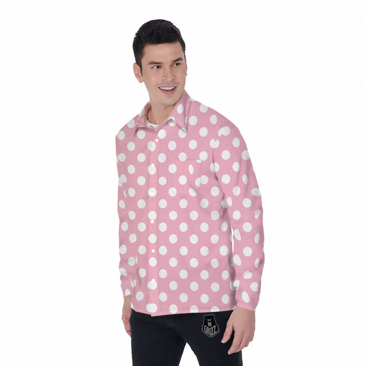 Polka Dot Pink And White Print Men's Long Sleeve Shirts-grizzshop