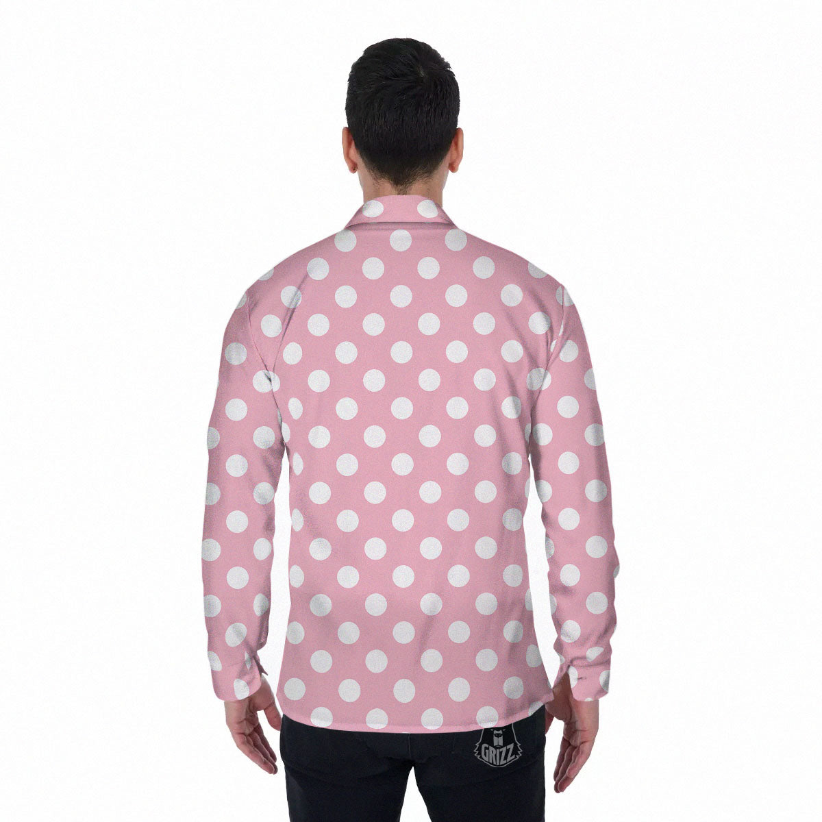 Polka Dot Pink And White Print Men's Long Sleeve Shirts-grizzshop