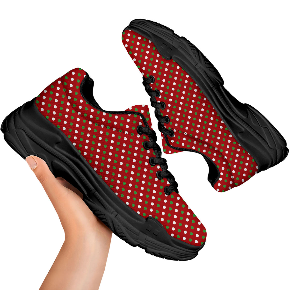 Polka Dot Red And Green Print Pattern Black Chunky Shoes-grizzshop