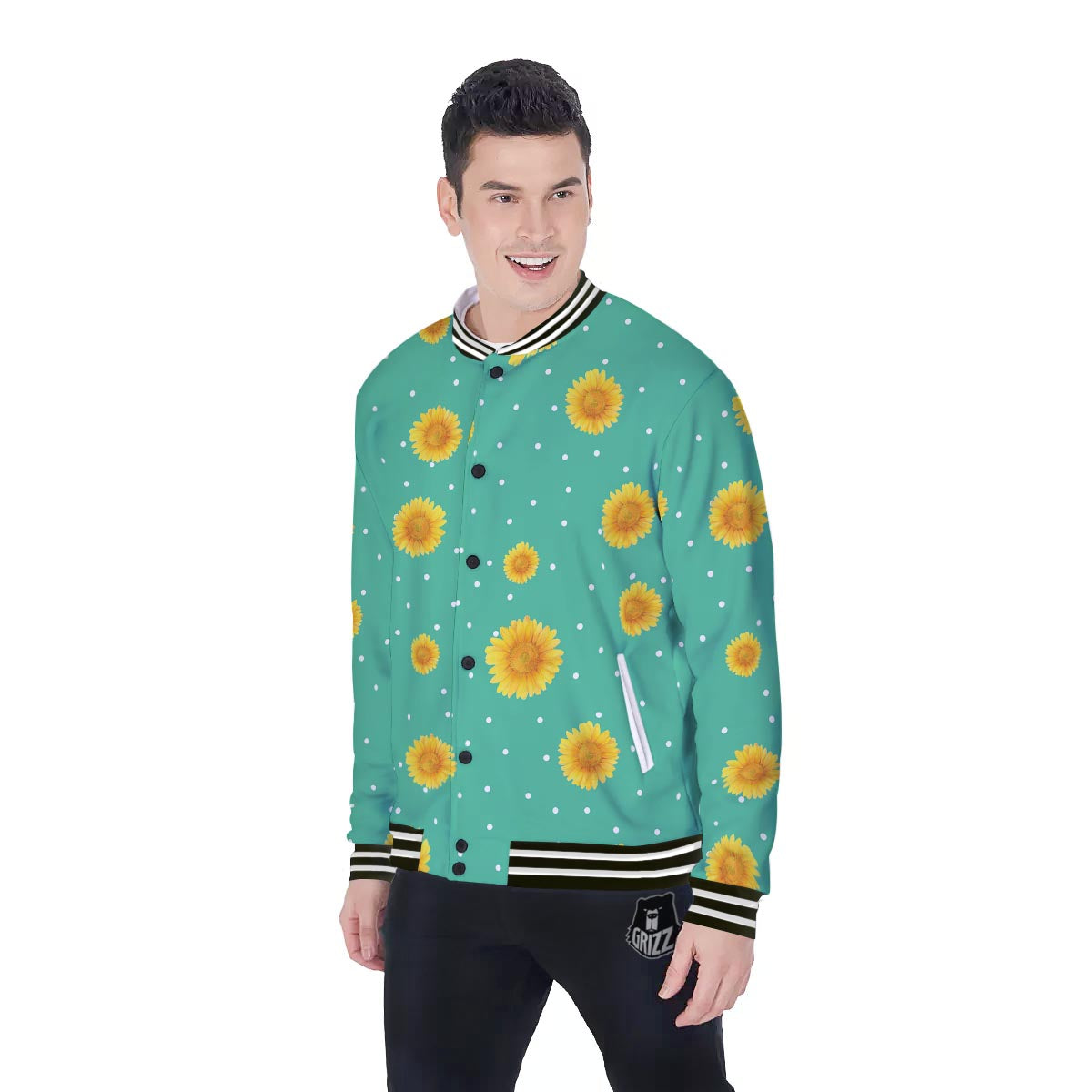 Polka Dot Sunflower Print Pattern Baseball Jacket-grizzshop