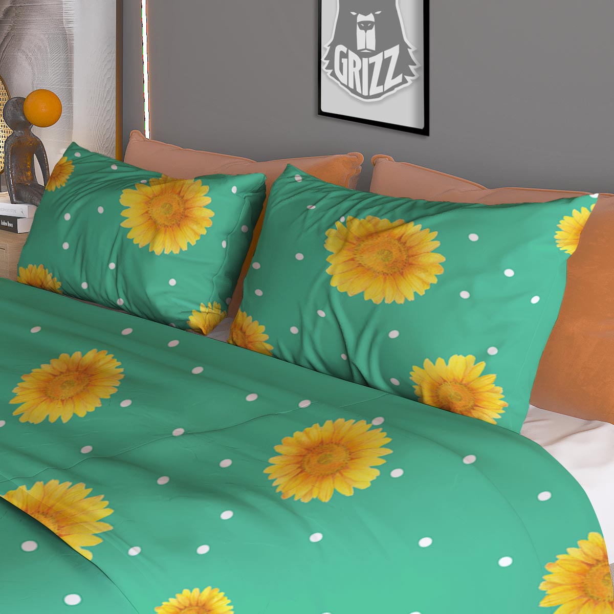 Polka Dot Sunflower Print Pattern Duvet Cover Bedding Set