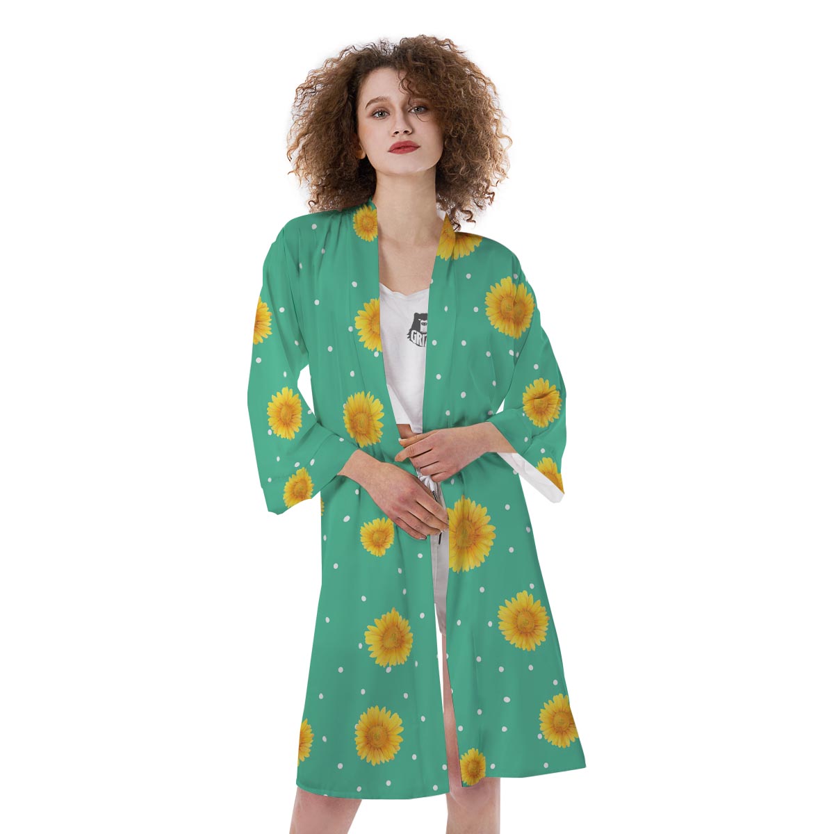 Polka Dot Sunflower Print Pattern Kimono-grizzshop
