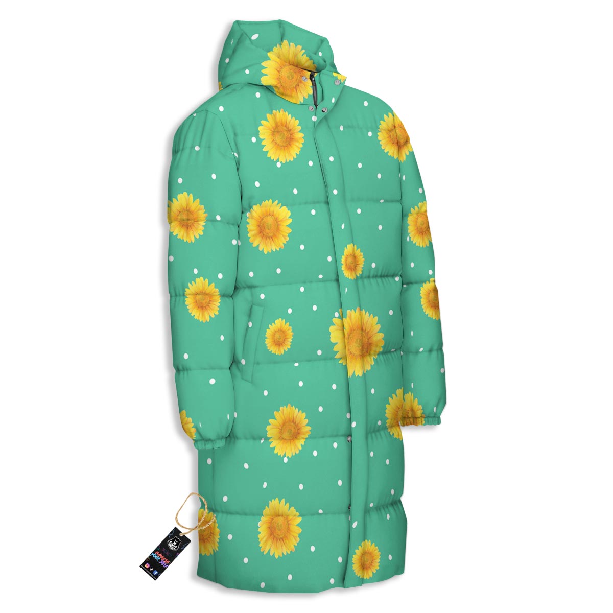Polka Dot Sunflower Print Pattern Long Down Jacket-grizzshop