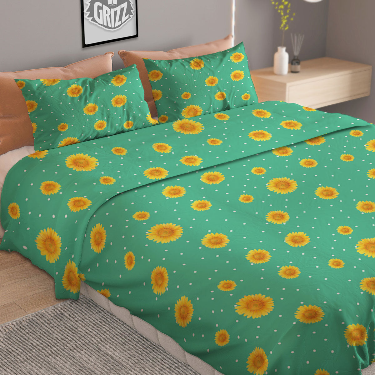 Polka Dot Sunflower Watercolor Print Pattern Duvet Cover Bedding Set-grizzshop