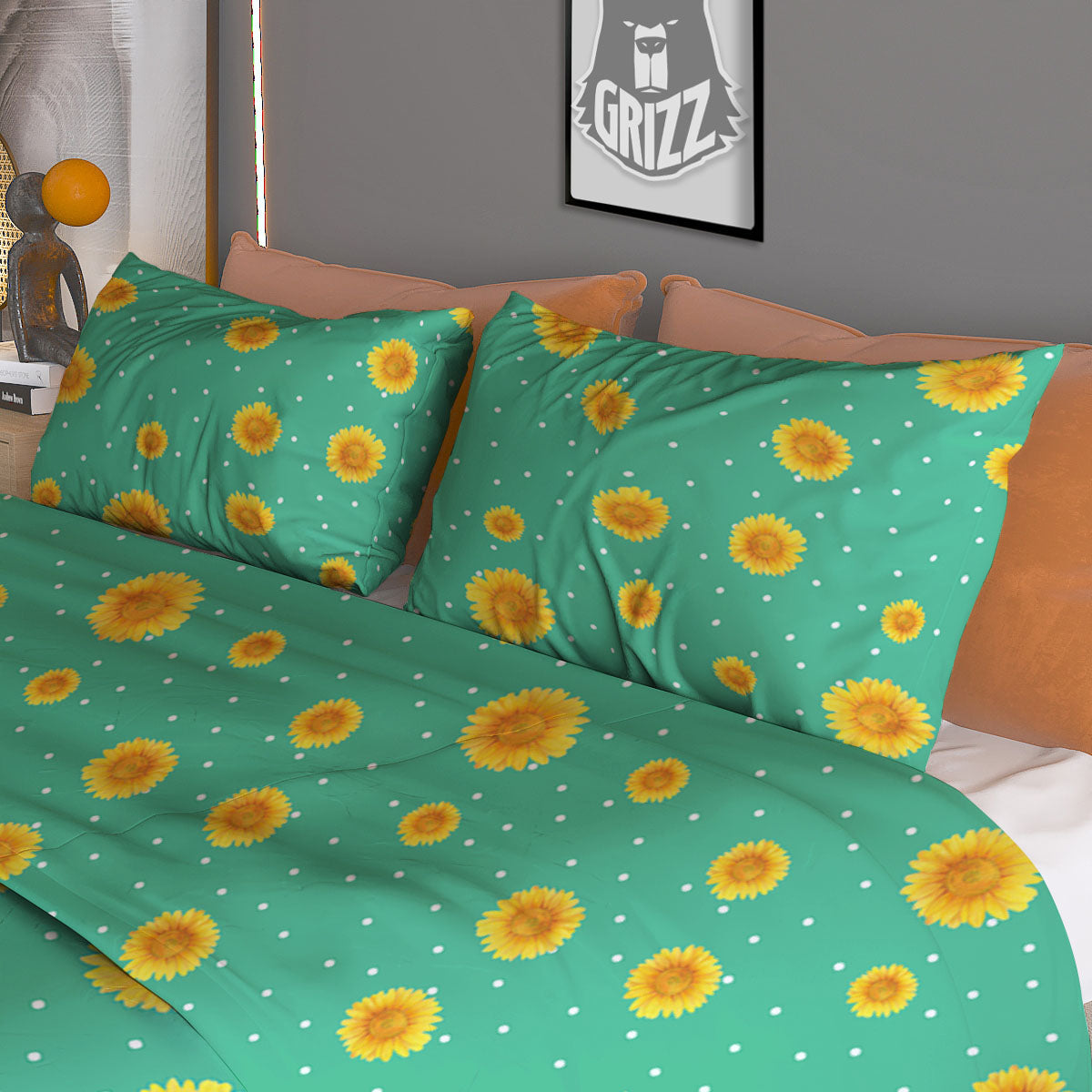 Polka Dot Sunflower Watercolor Print Pattern Duvet Cover Bedding Set-grizzshop