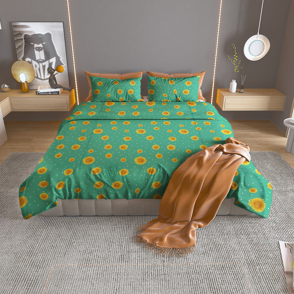 Polka Dot Sunflower Watercolor Print Pattern Duvet Cover Bedding Set-grizzshop