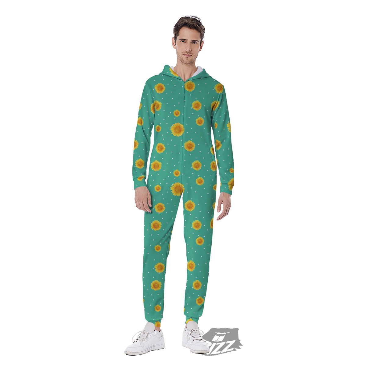 Polka Dot Sunflower Watercolor Print Pattern Men's Jumpsuit-grizzshop