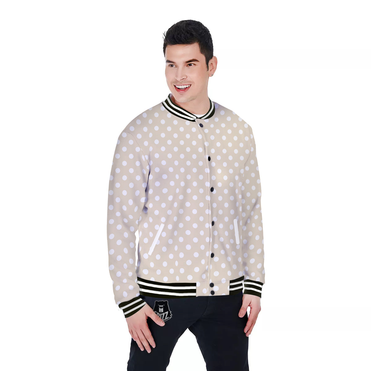 Polka Dot White And Beige Print Pattern Baseball Jacket-grizzshop