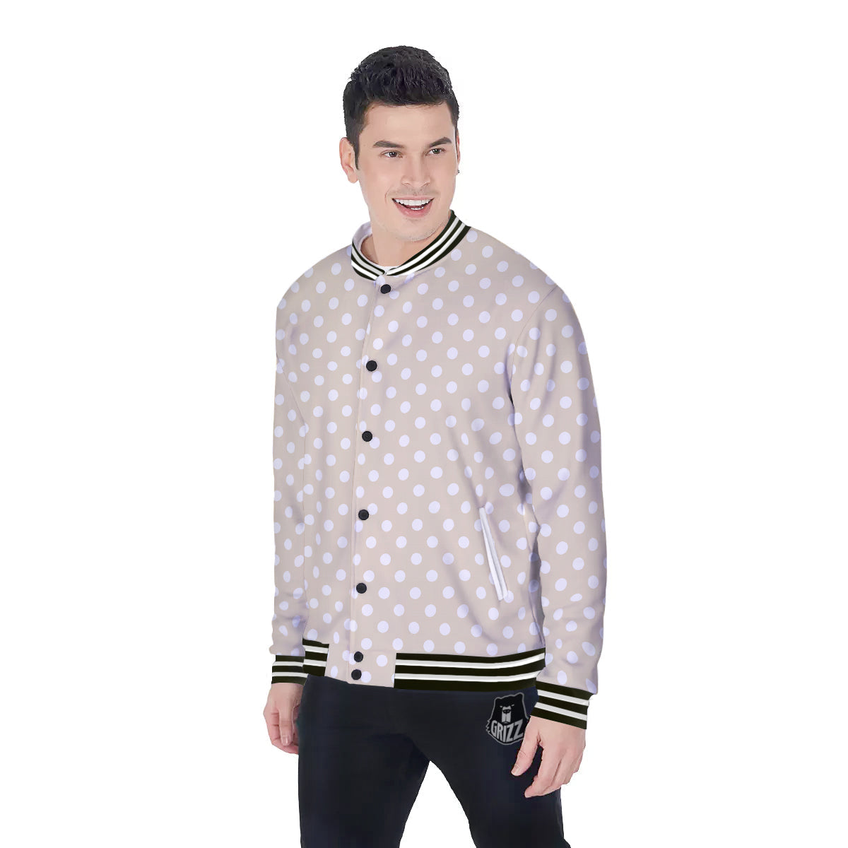 Polka Dot White And Beige Print Pattern Baseball Jacket-grizzshop