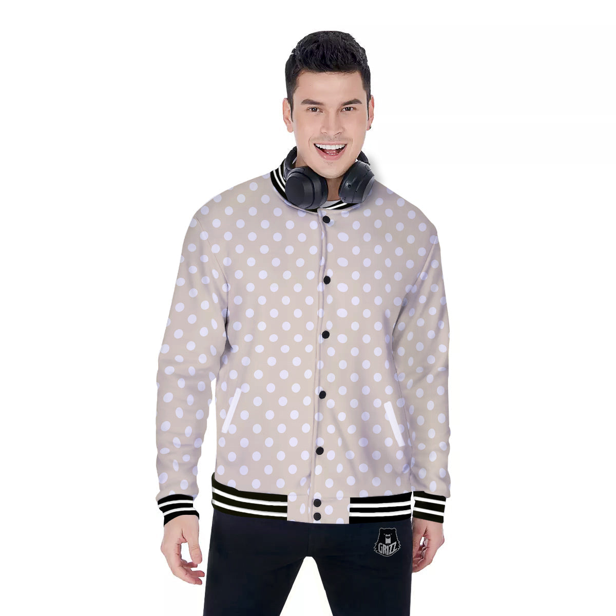 Polka Dot White And Beige Print Pattern Baseball Jacket-grizzshop