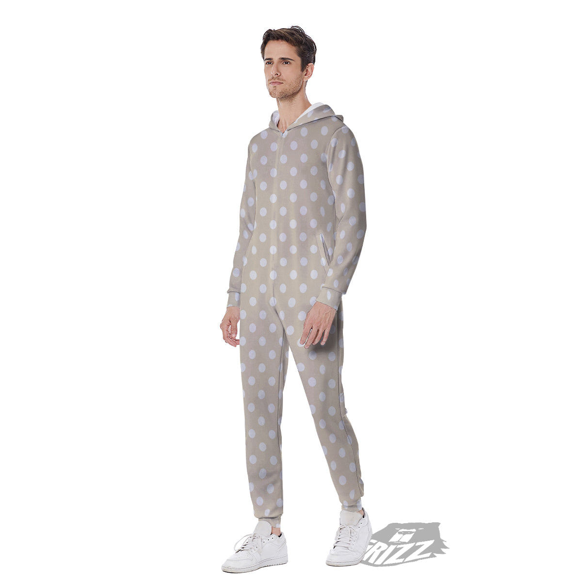 Polka Dot White And Beige Print Pattern Men's Jumpsuit-grizzshop
