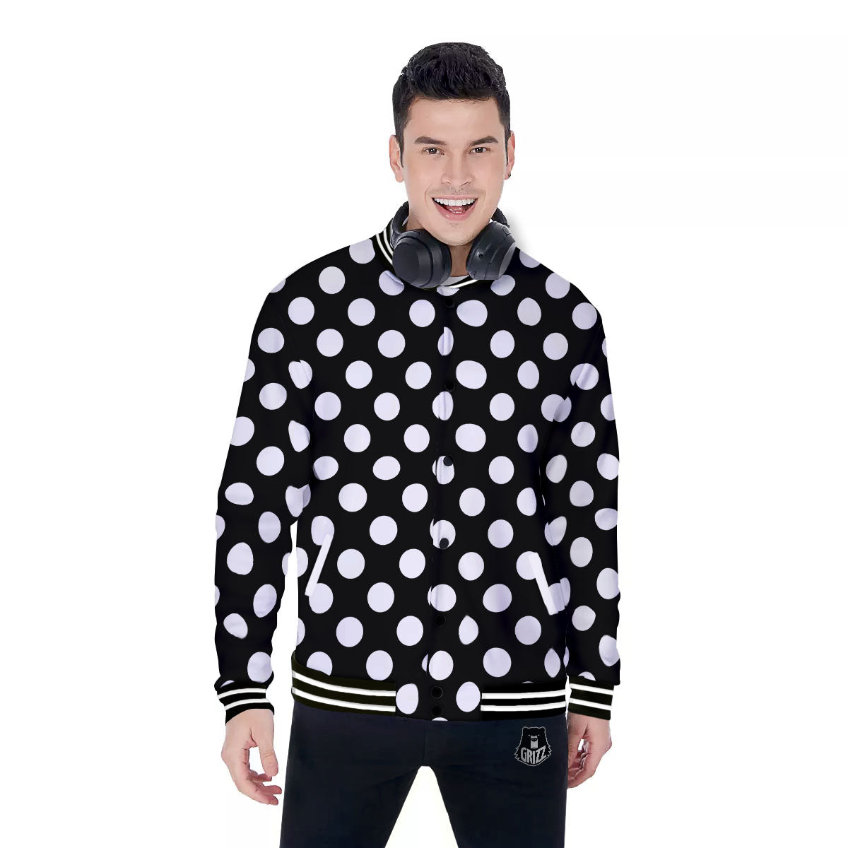 Polka Dot White And Black Print Pattern Baseball Jacket-grizzshop