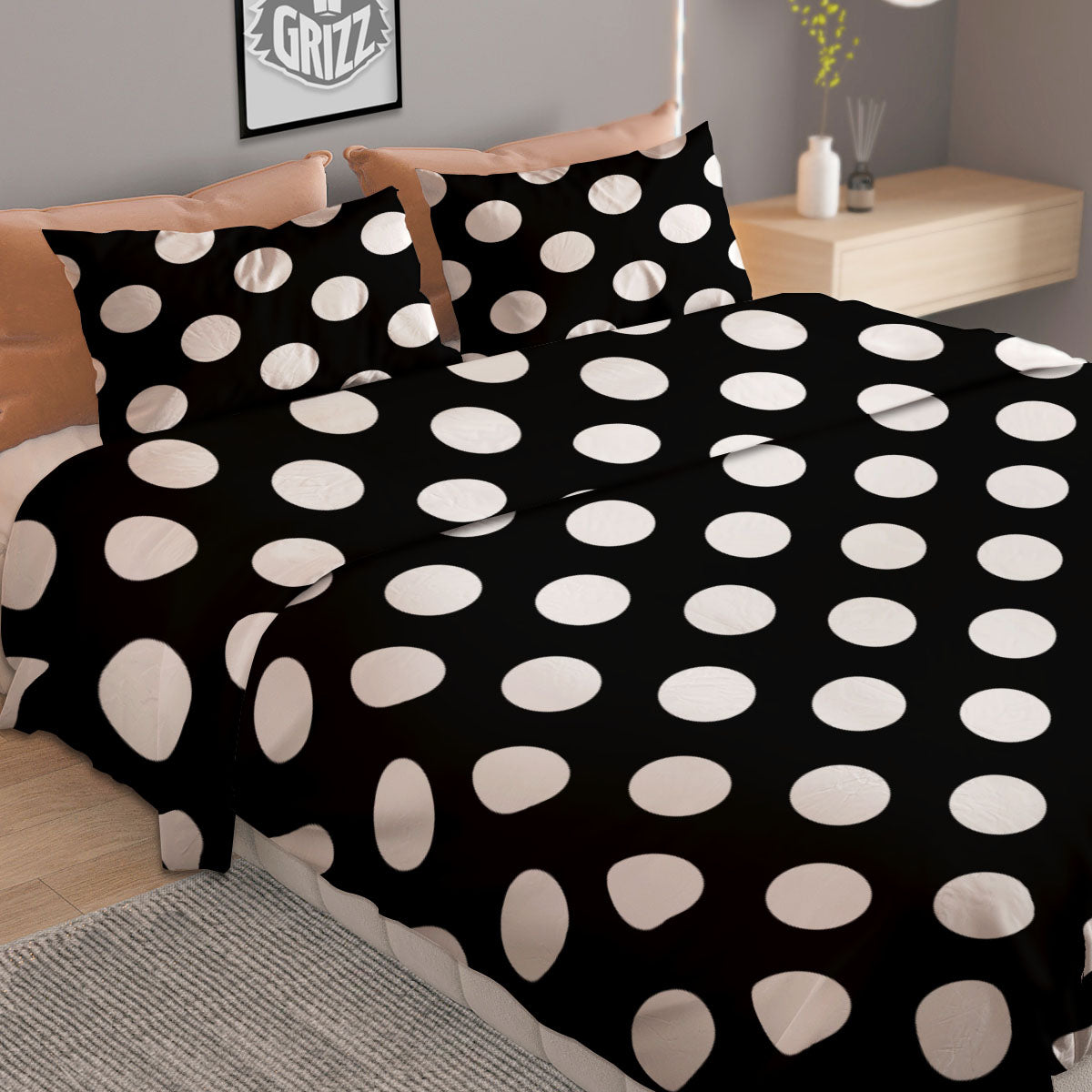 Polka Dot White And Black Print Pattern Duvet Cover Bedding Set