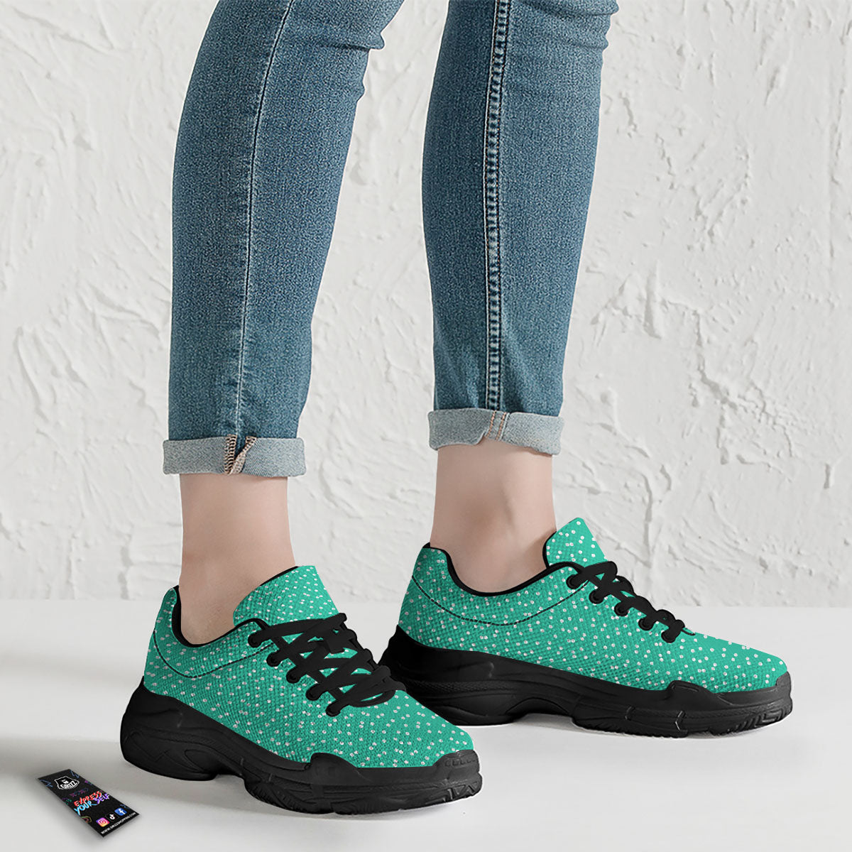 Polka Dot White And Green Print Pattern Black Chunky Shoes-grizzshop
