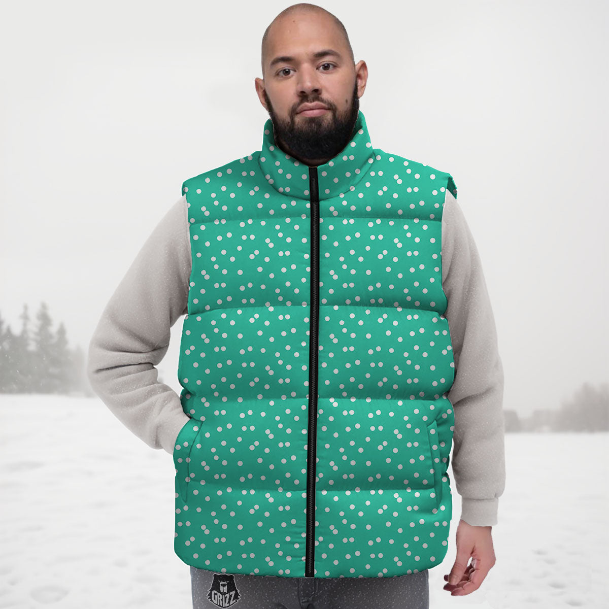 Polka Dot White And Green Print Pattern Down Vest