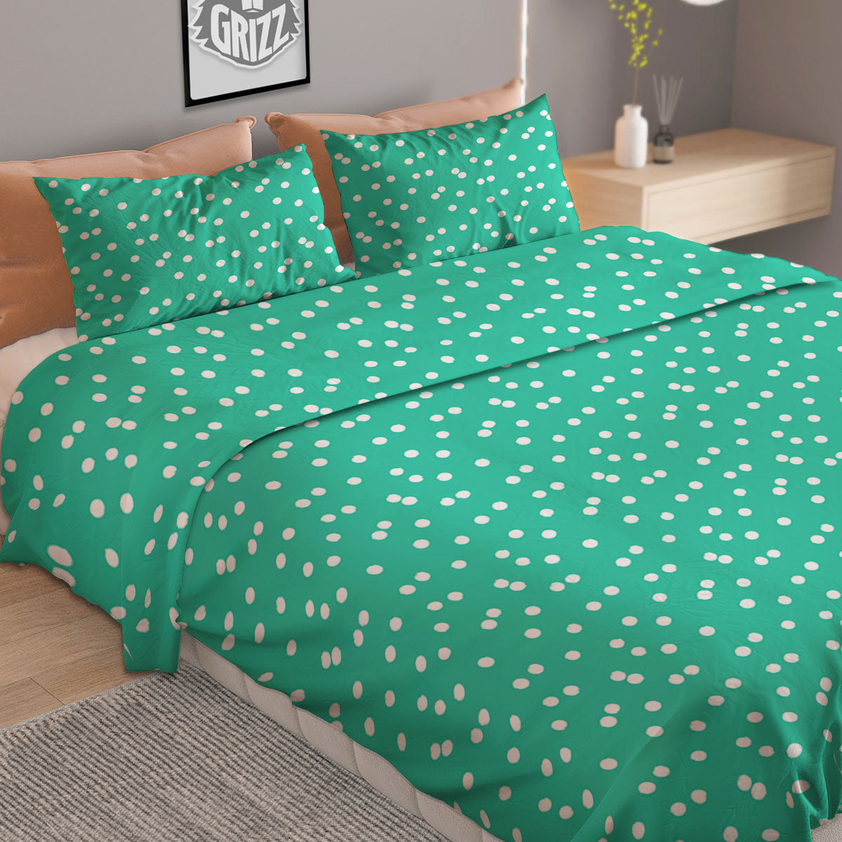 Polka Dot White And Green Print Pattern Duvet Cover Bedding Set