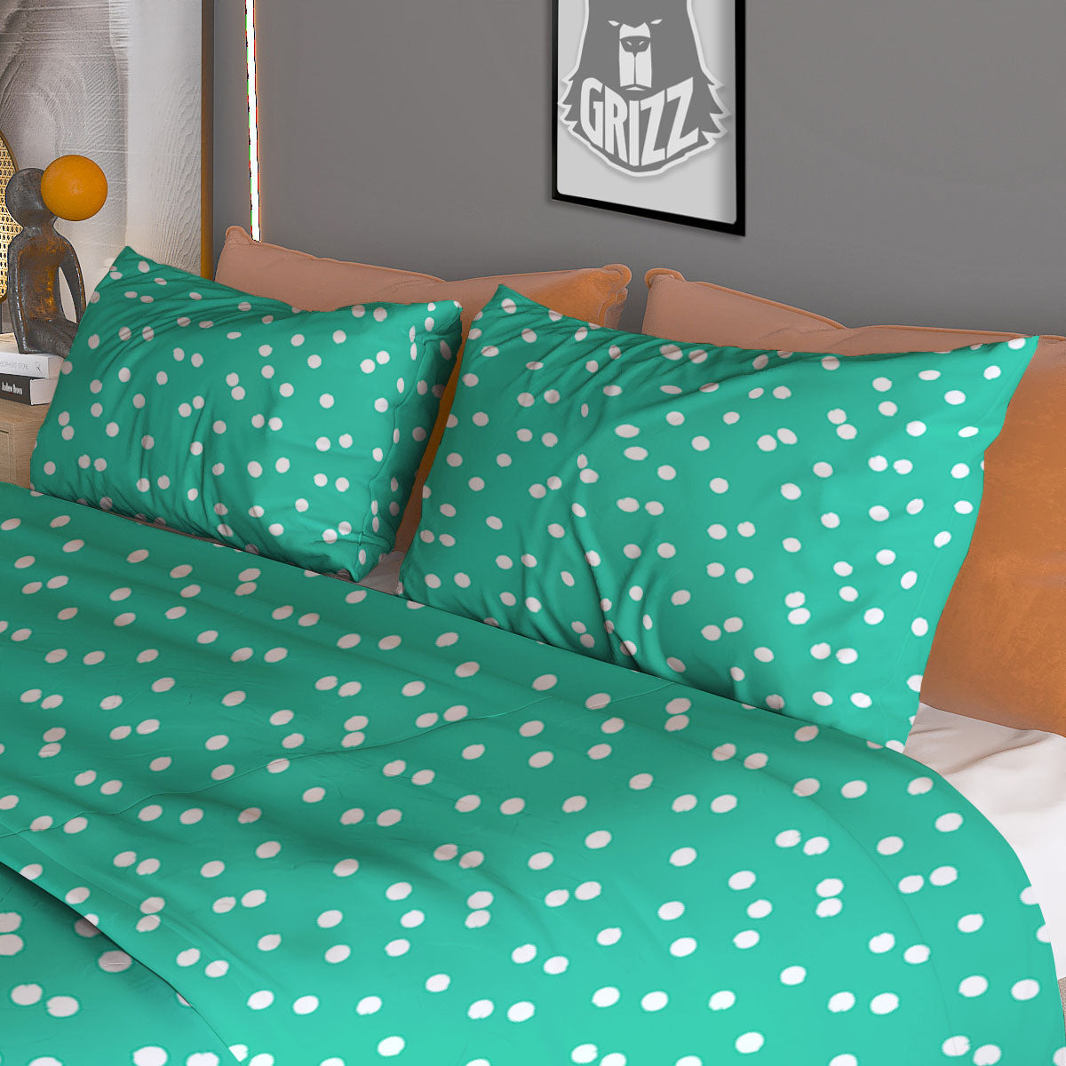 Polka Dot White And Green Print Pattern Duvet Cover Bedding Set