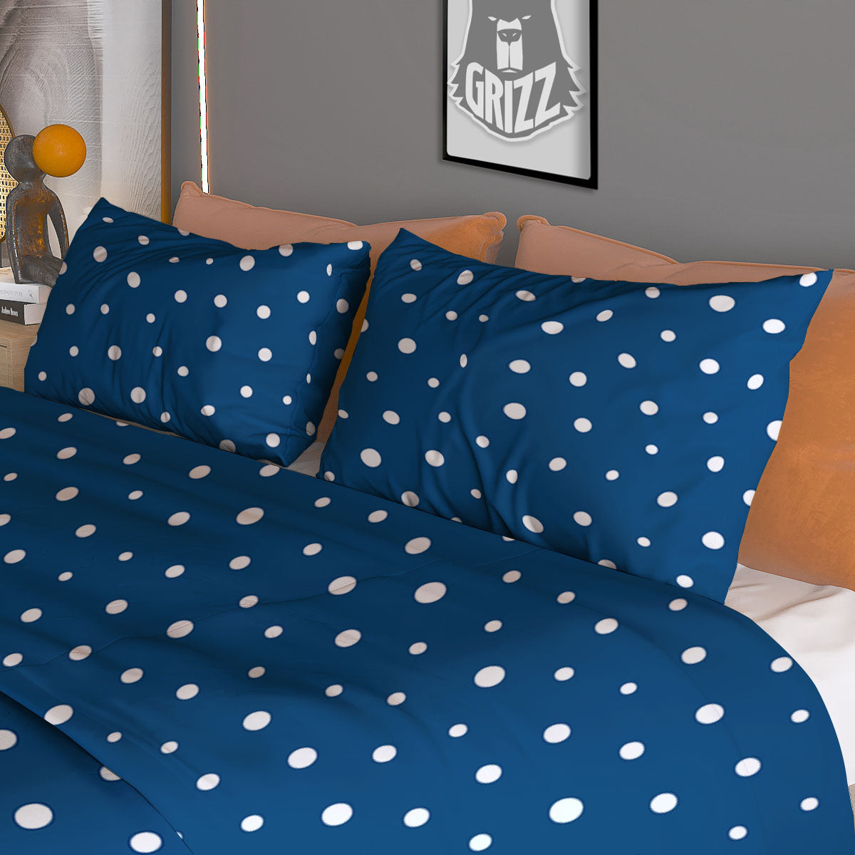 Polka Dot White And Navy Print Pattern Duvet Cover Bedding Set