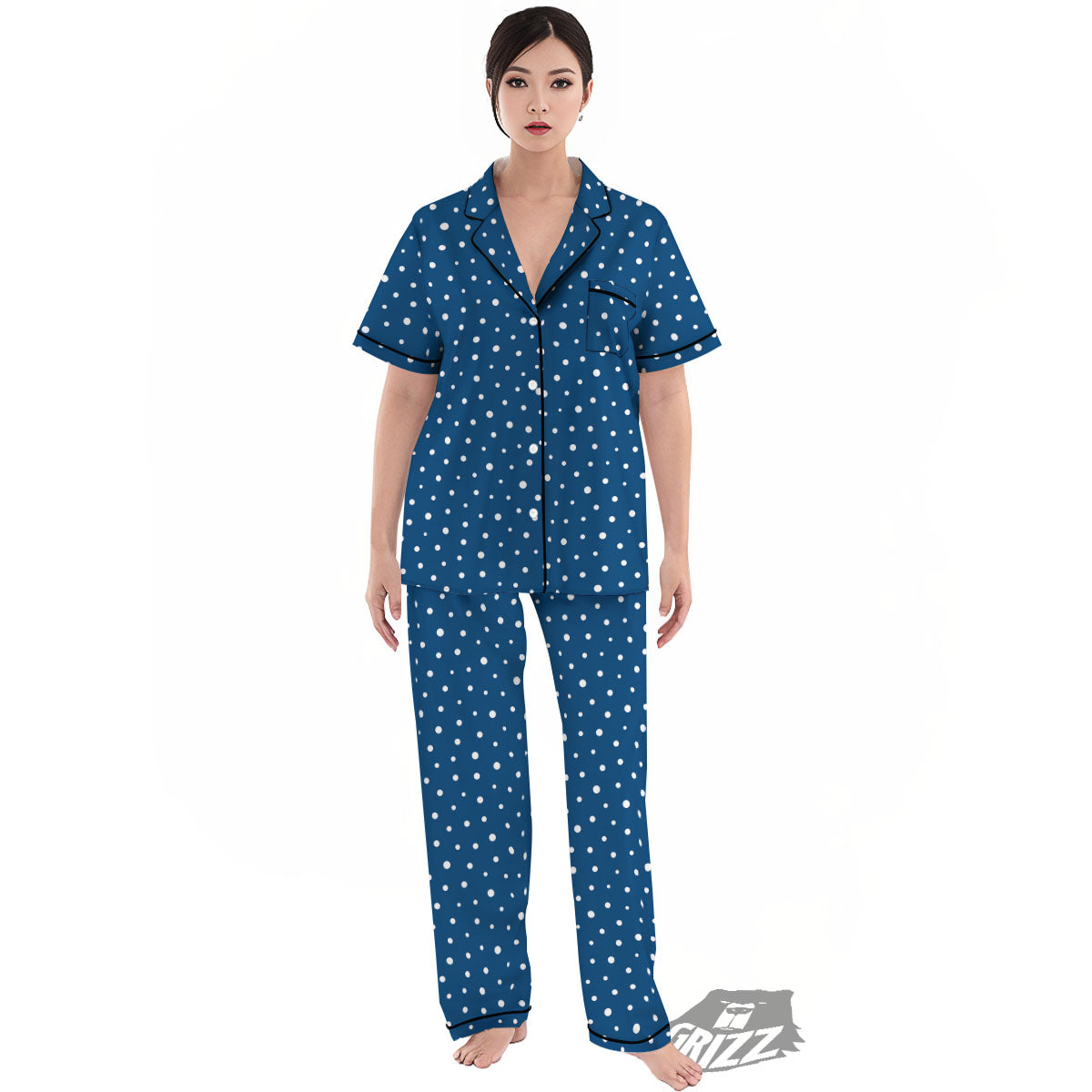 Polka Dot White And Navy Print Pattern Women's Pajamas Set-grizzshop