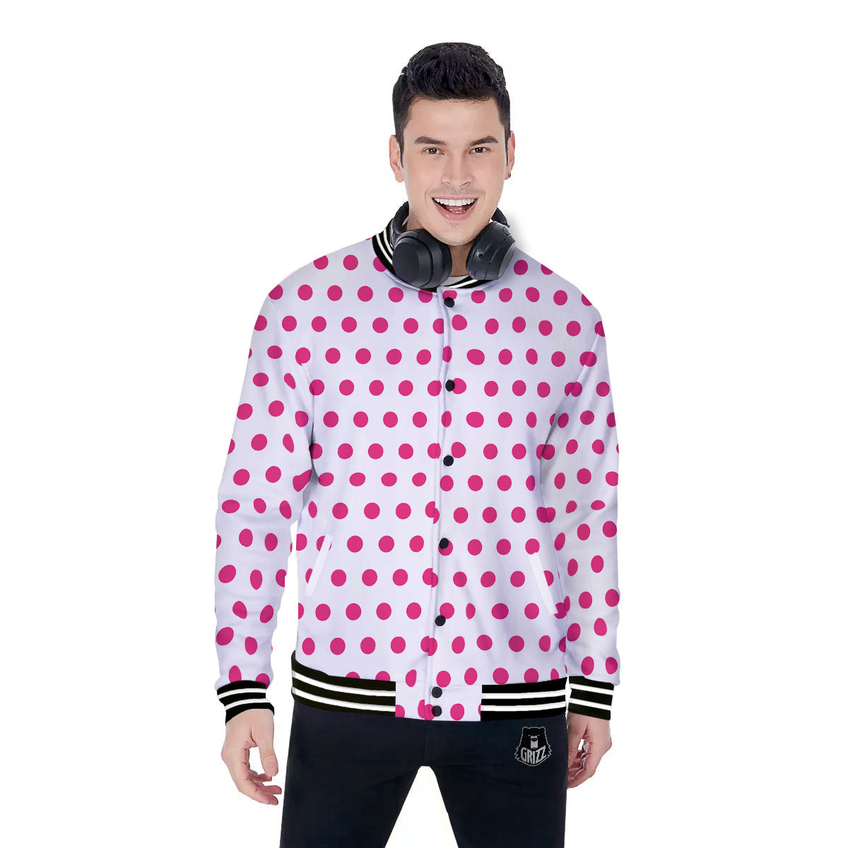 Polka Dot White And Pink Print Pattern Baseball Jacket-grizzshop