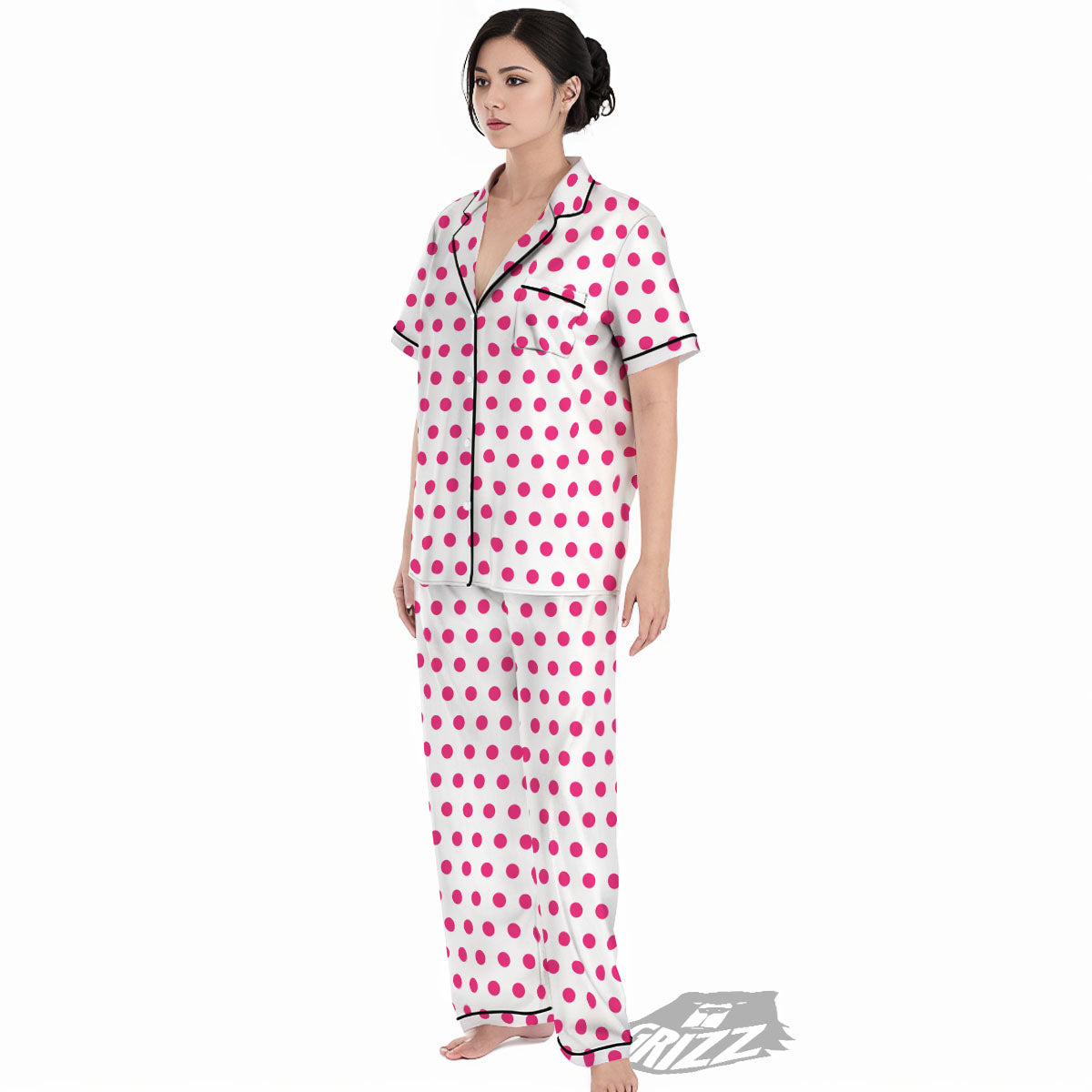 Polka Dot White And Pink Print Pattern Women's Pajamas Set-grizzshop