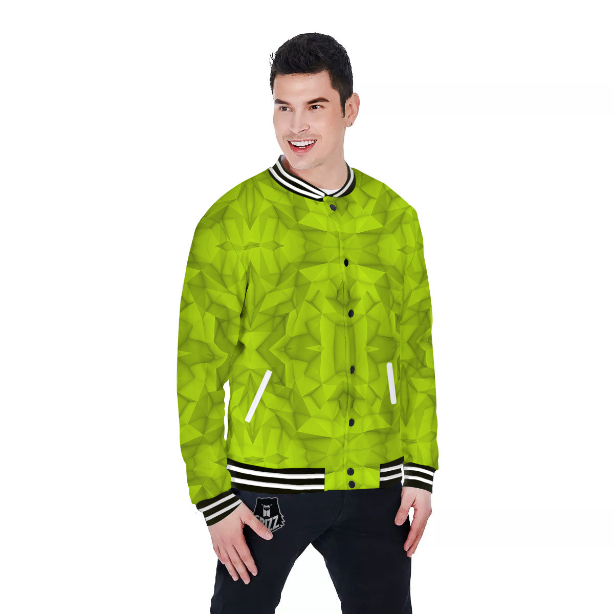 Polygonal Geometric Lime Green Print Baseball Jacket-grizzshop