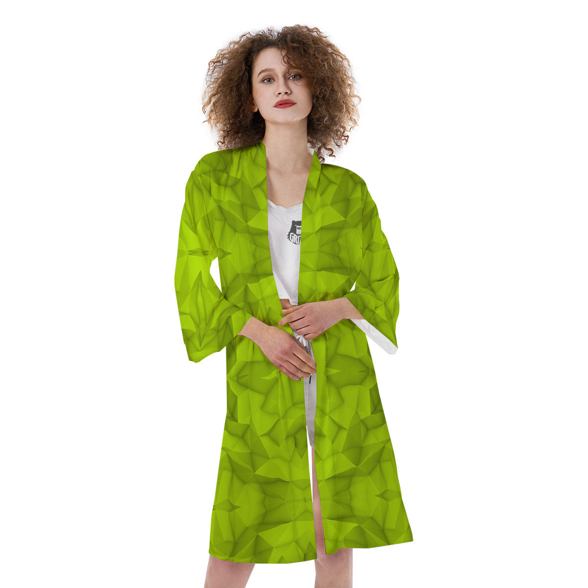 Polygonal Geometric Lime Green Print Kimono-grizzshop
