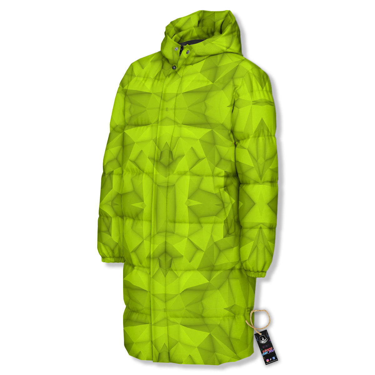 Polygonal Geometric Lime Green Print Long Down Jacket-grizzshop