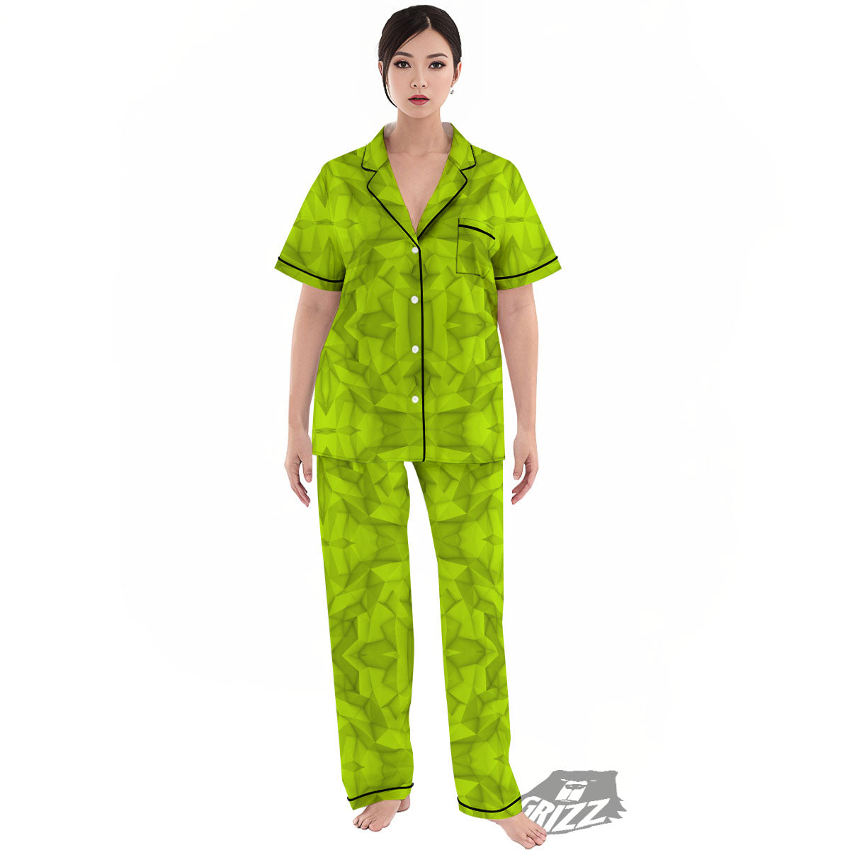 Polygonal Geometric Lime Green Print Women's Pajamas Set-grizzshop