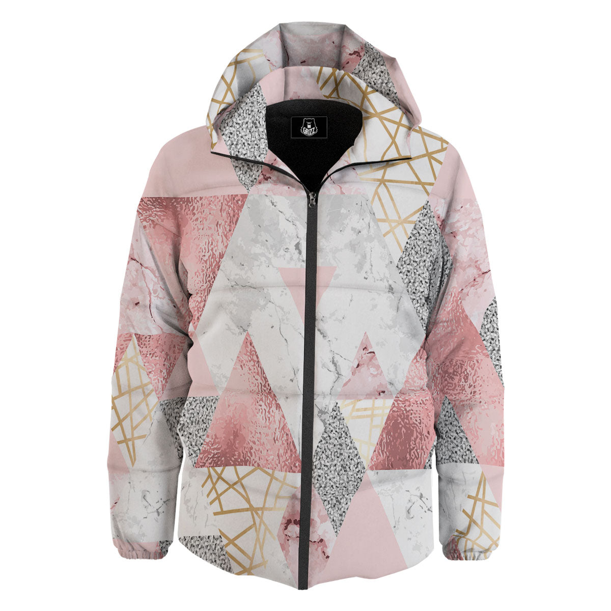 Polygonal Geometric Pink Print Down Jacket-grizzshop