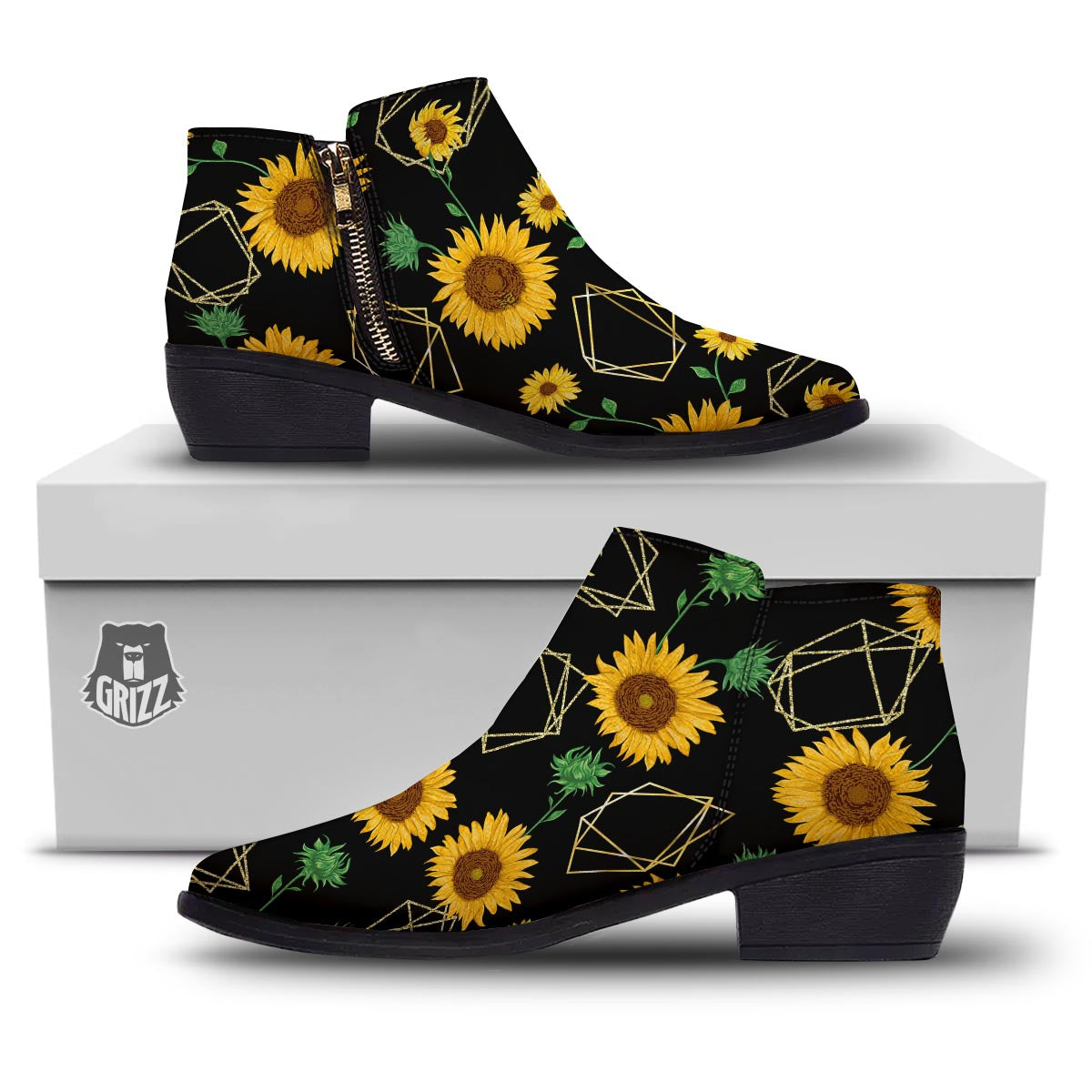 Polygonal Sunflower Print Pattern Ankle Boots-grizzshop