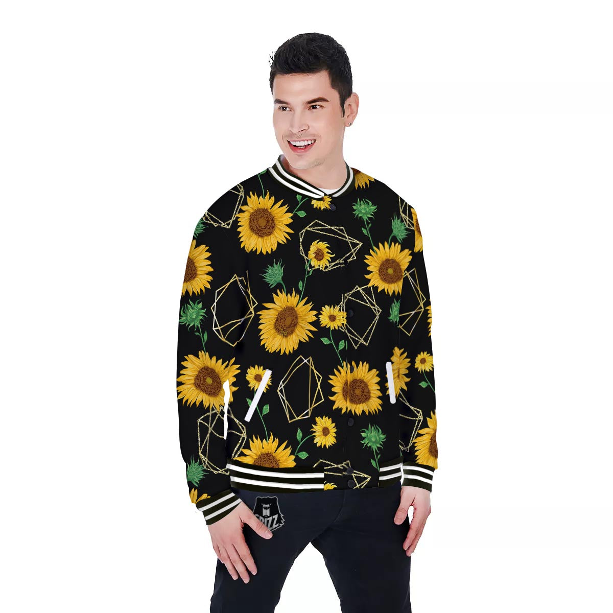 Polygonal Sunflower Print Pattern Baseball Jacket-grizzshop