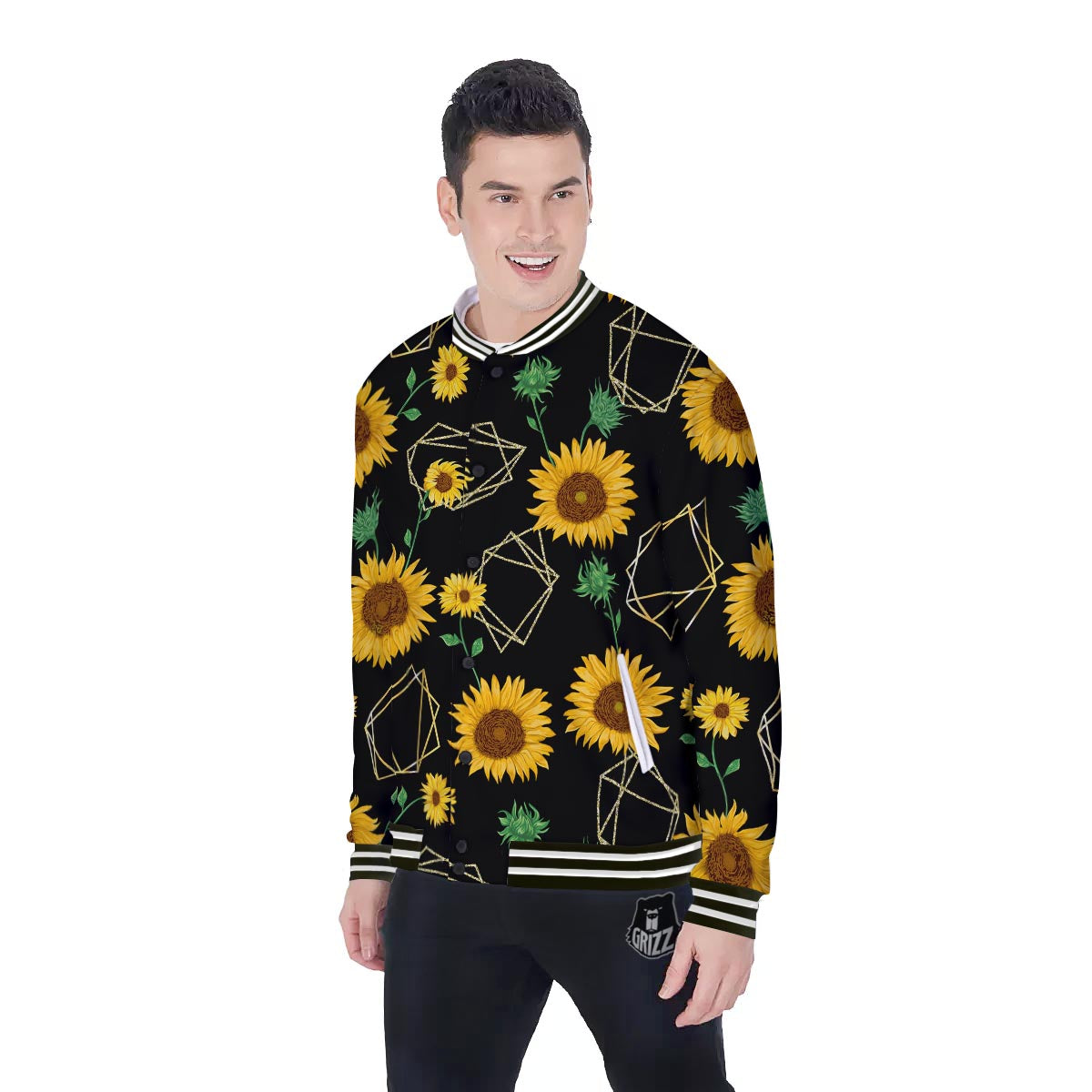Polygonal Sunflower Print Pattern Baseball Jacket-grizzshop