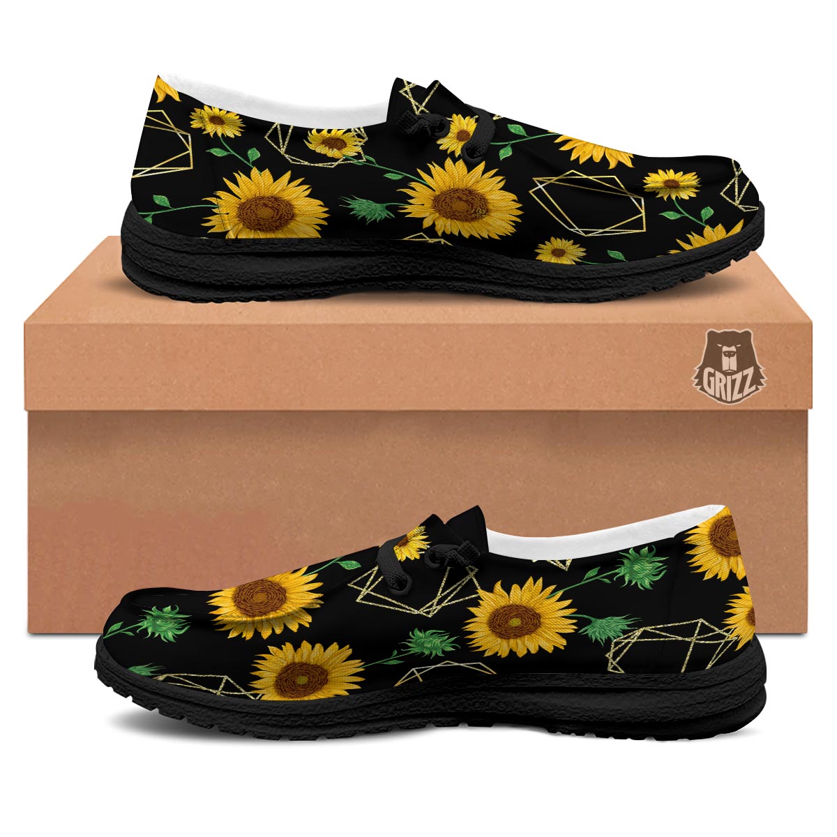 Polygonal Sunflower Print Pattern Black Loafers-grizzshop